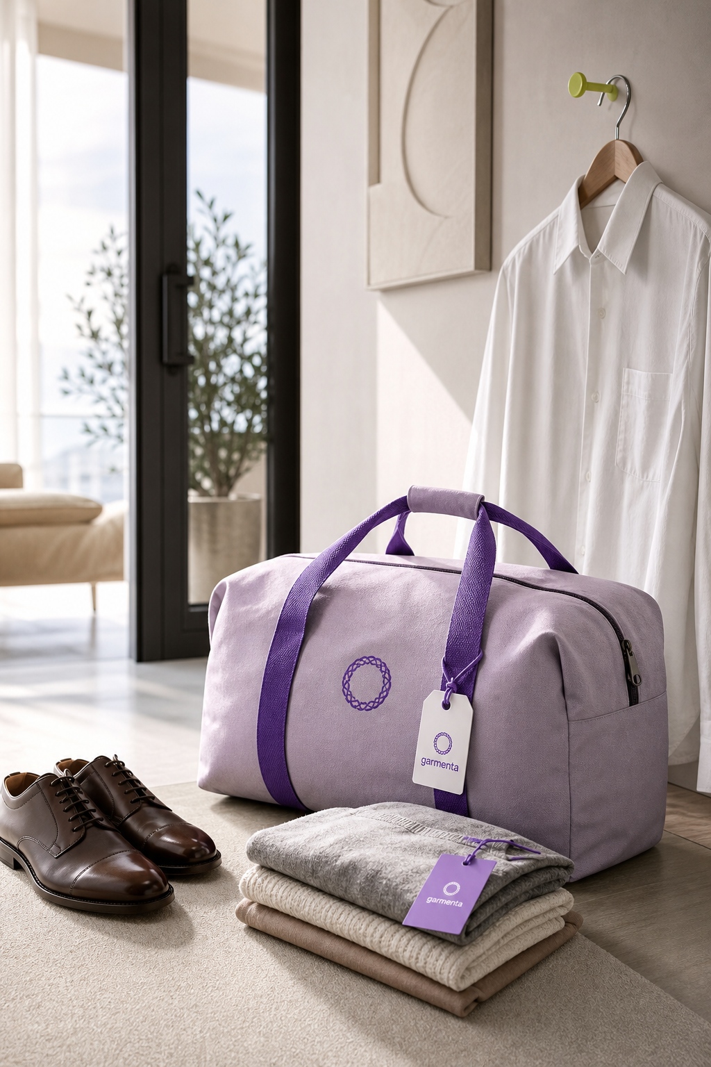 Premium Garmenta clothing-care launch campaign scene with garments, shoes, and a lavender care bag