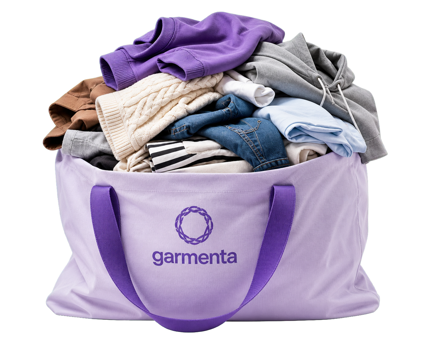 A luxury lavender Garmenta laundry bag overflowing with freshly folded garments