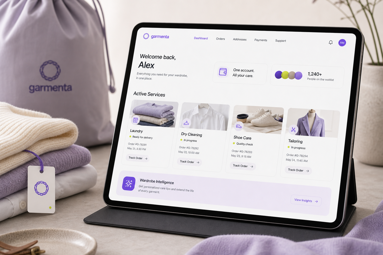 Garmenta dashboard showing multiple active clothing-care services