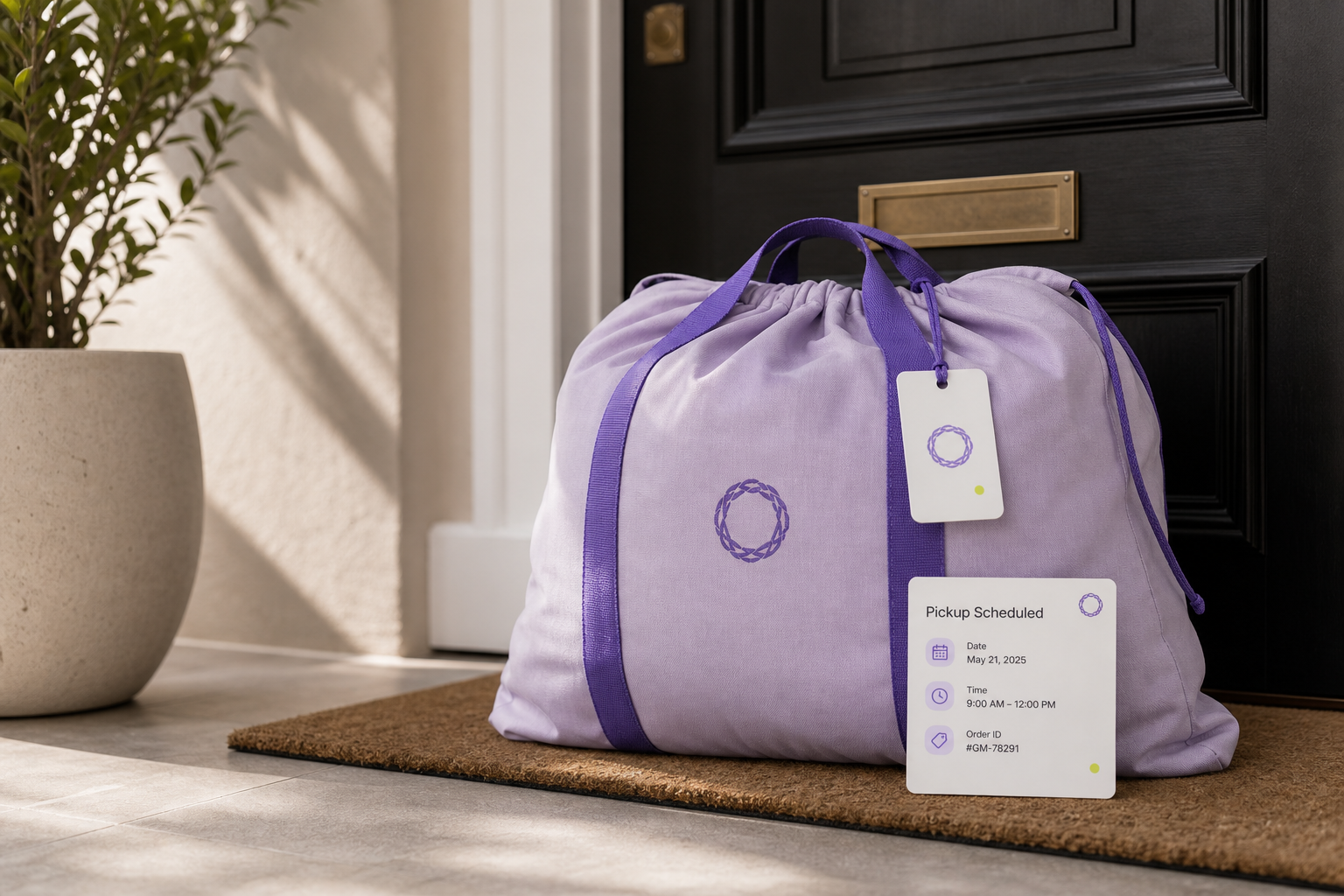 Premium Garmenta pickup bag beside an apartment front door