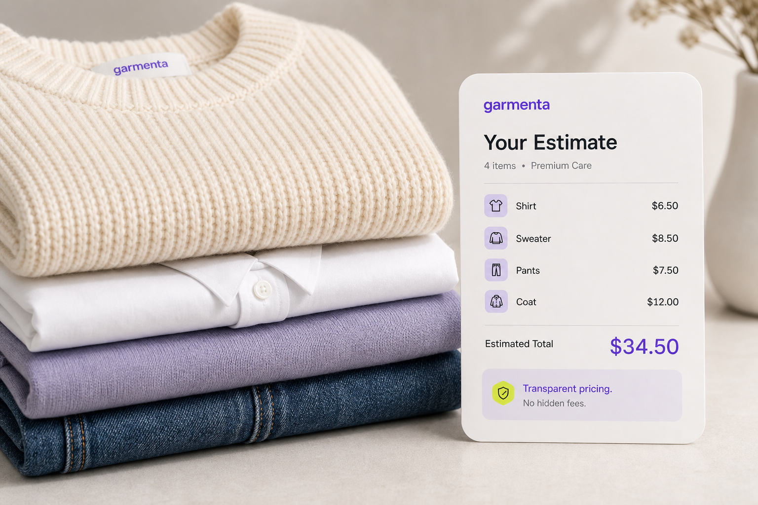 Premium folded garments with a clean pricing card