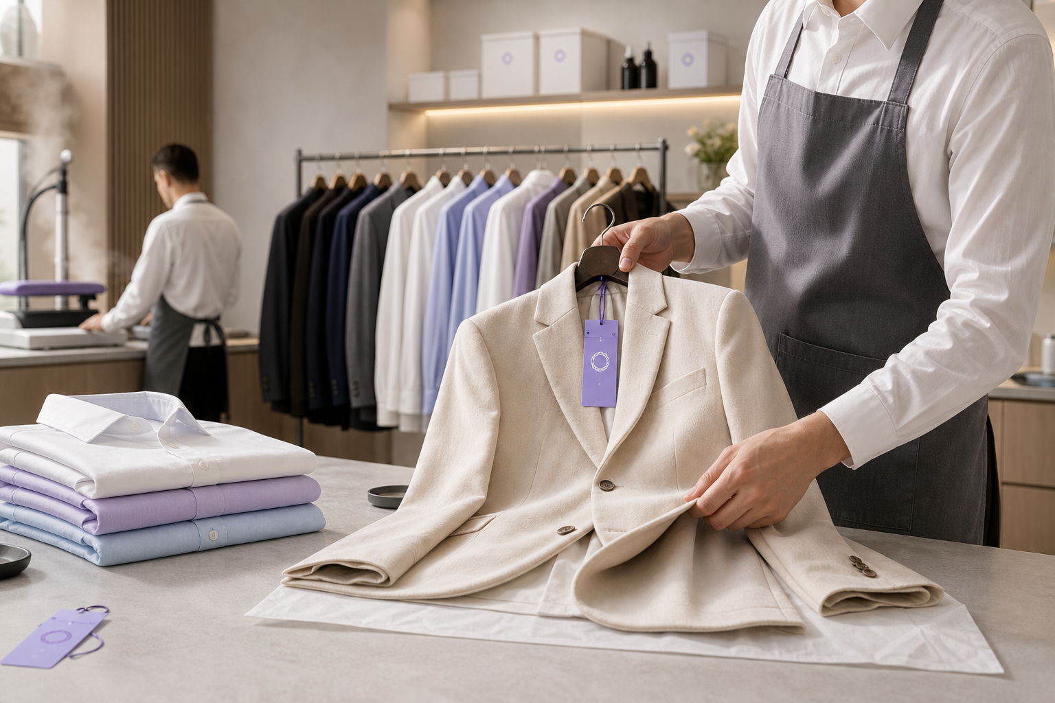 Luxury clothing-care studio with staff professionally handling garments