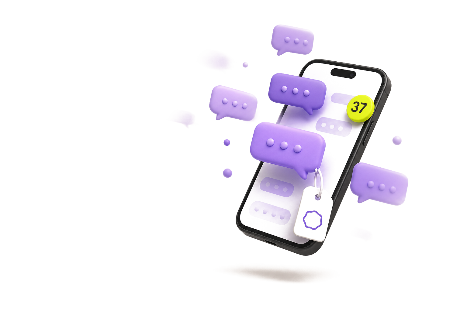 3D smartphone with purple chat bubbles drifting away