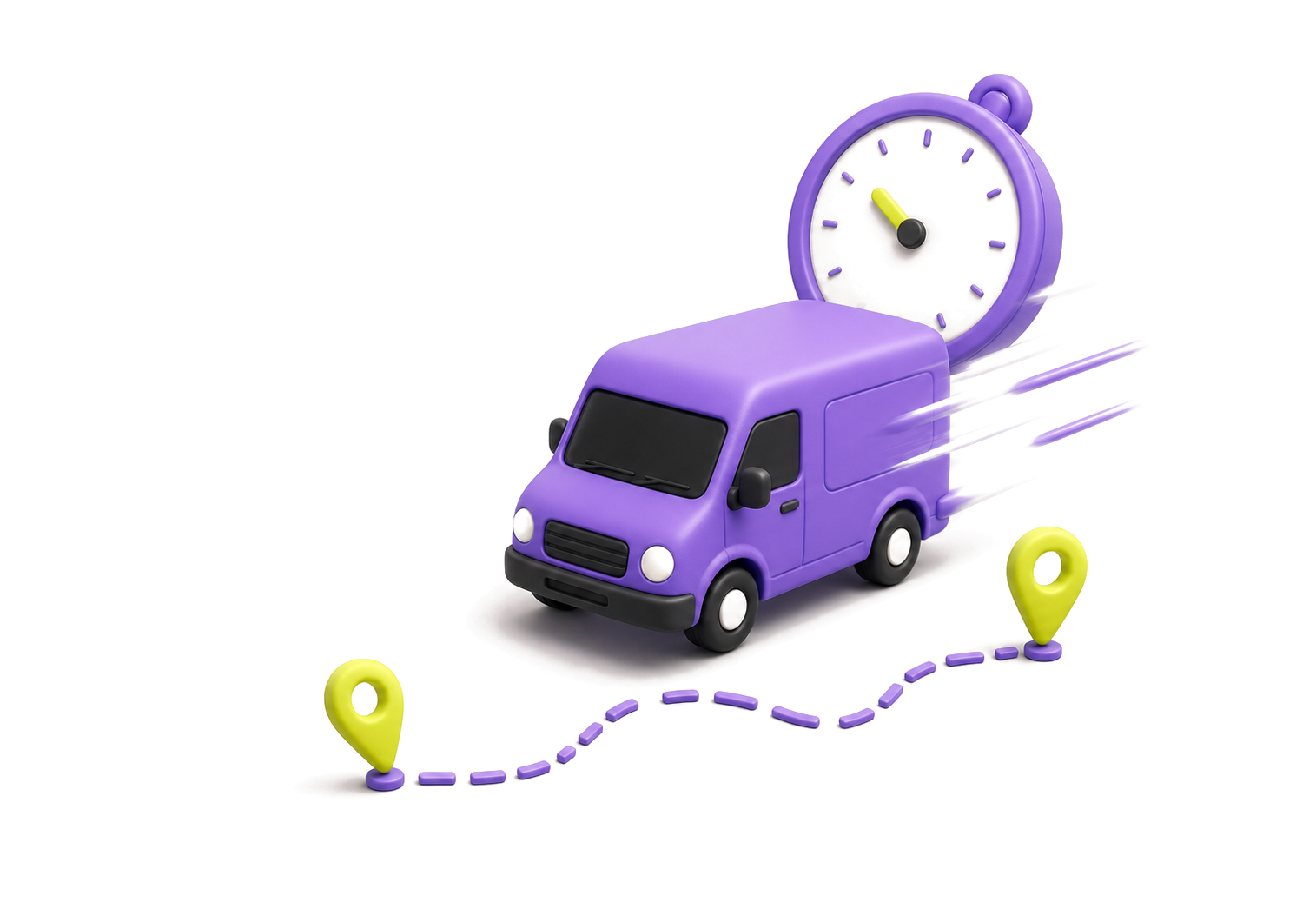 3D purple delivery van with clock and broken route
