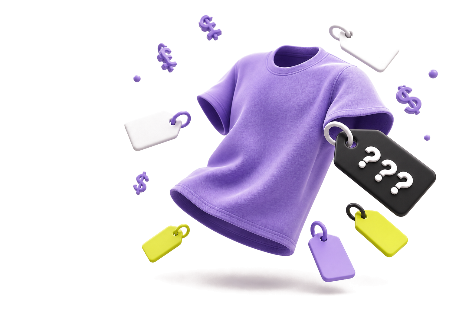 3D purple shirt with orbiting price tags