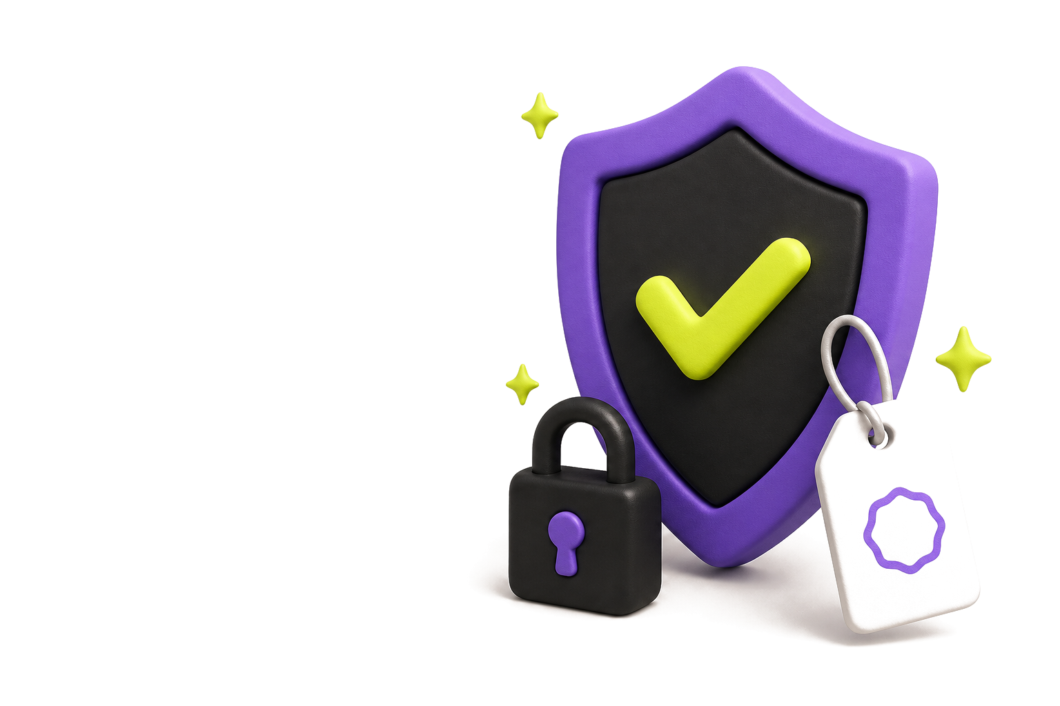 3D purple shield with checkmark, tag, and lock