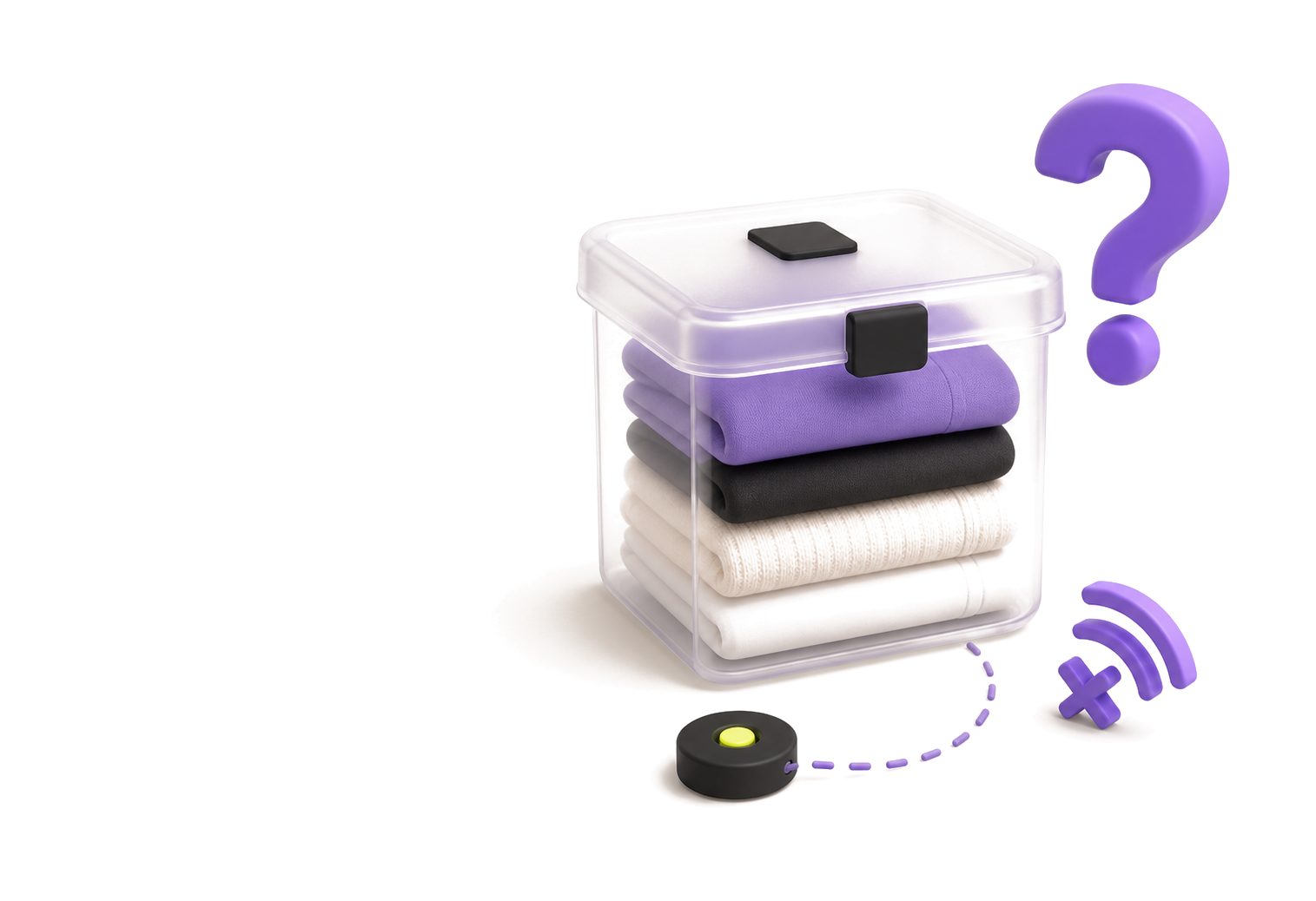 3D transparent storage box with folded garments and question mark