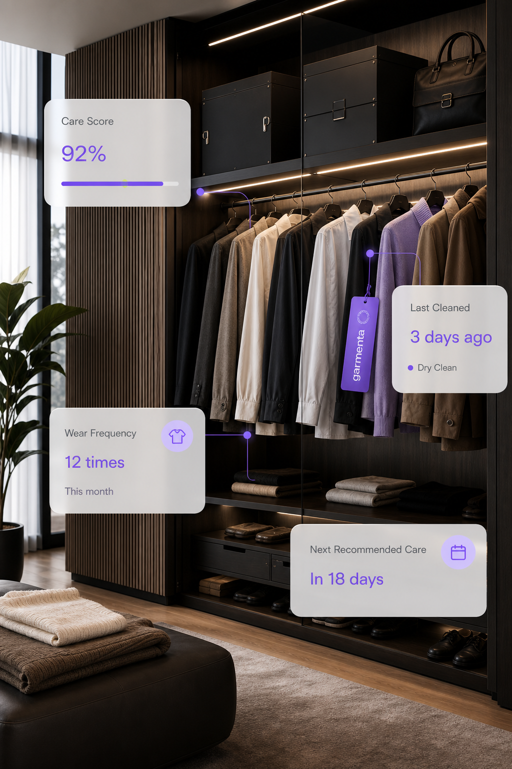 Luxury wardrobe interior with premium garments and subtle clothing-care intelligence cards