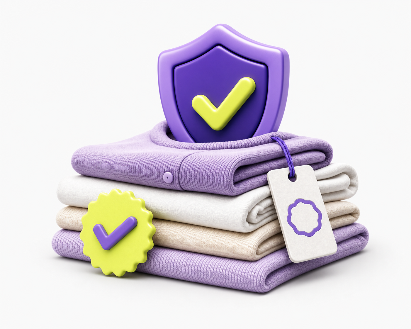 Premium 3D folded garments with shield, verification badge, and garment tag