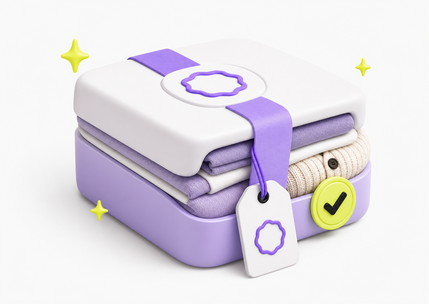 Premium 3D delivery package with checkmark, sparkle, and garment tag