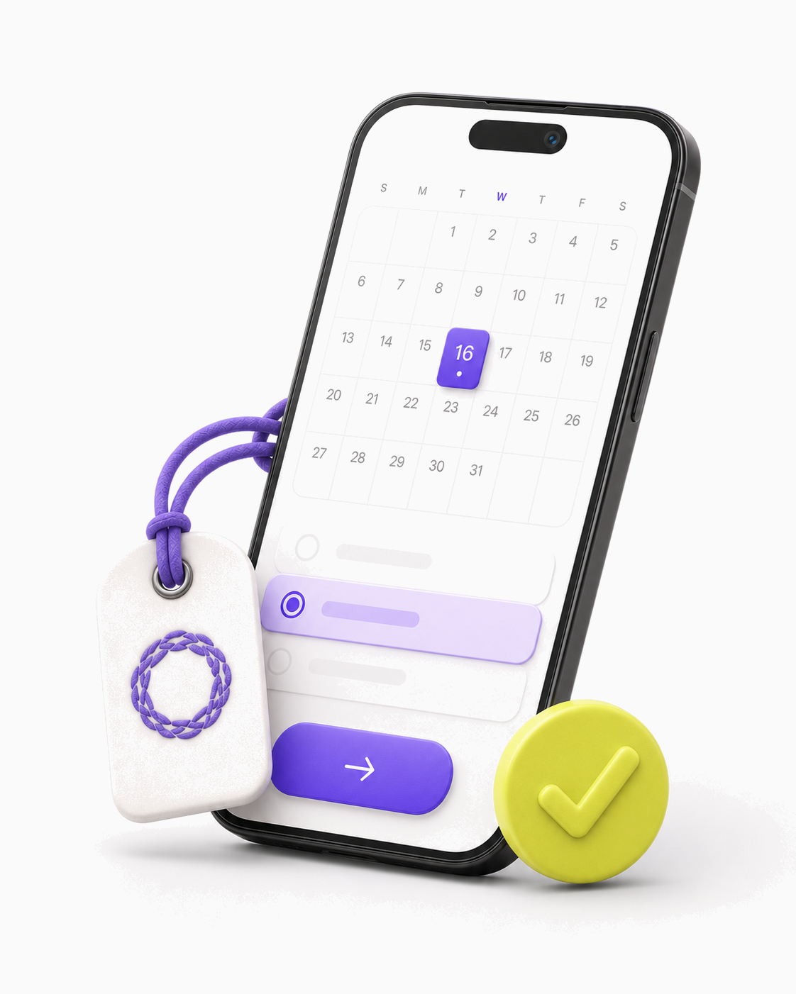 Premium 3D smartphone with calendar, garment tag, and confirmation indicator